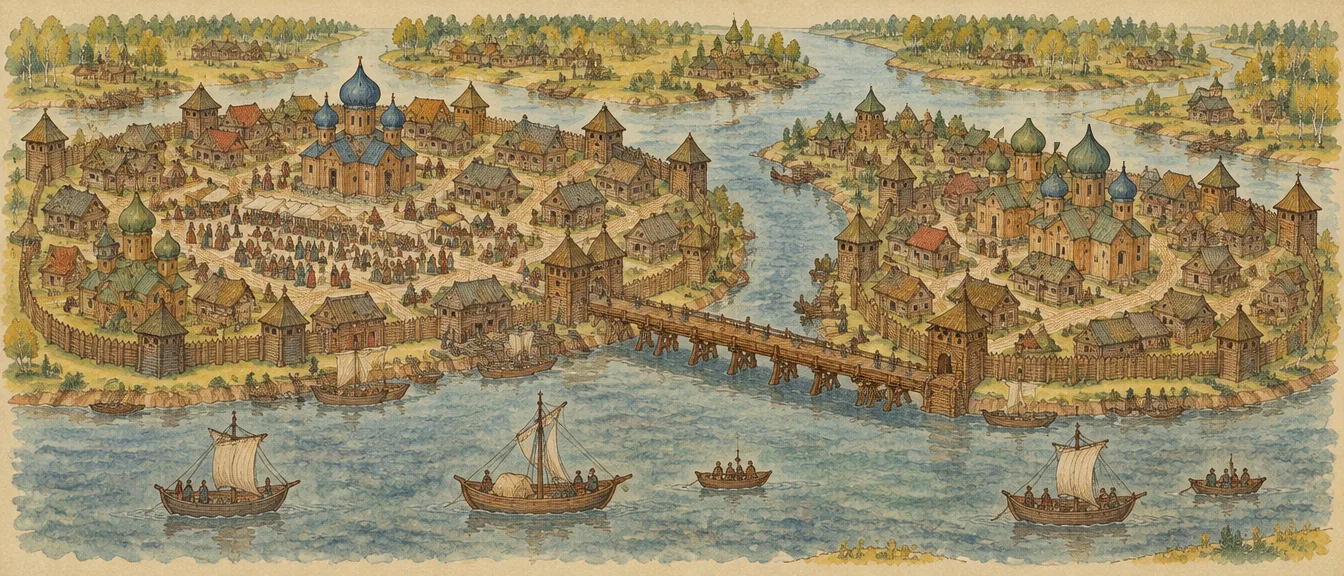 Ilustrasi kronik: Velikograd dari atas, dua belahan kota kayu berpagar dihubungkan jembatan panjang di atas sungai, lapangan pasar penuh orang, perahu layar di air, dan desa-desa kecil di antara pohon birch di seberang.