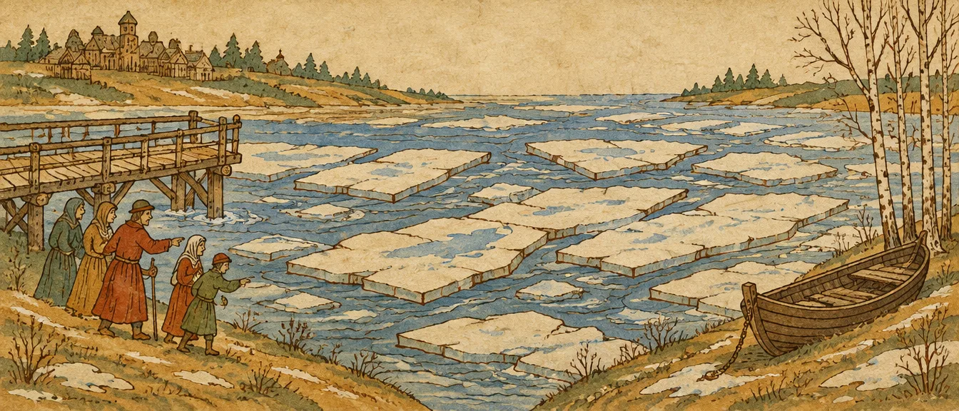 Ilustrasi kronik: es Sungai Sverba pecah menjadi lempeng yang hanyut ke kanan. Di kiri, warga di tepi jembatan kayu menunjuk ke es; di kanan, perahu ditarik ke darat di bawah pohon birch.